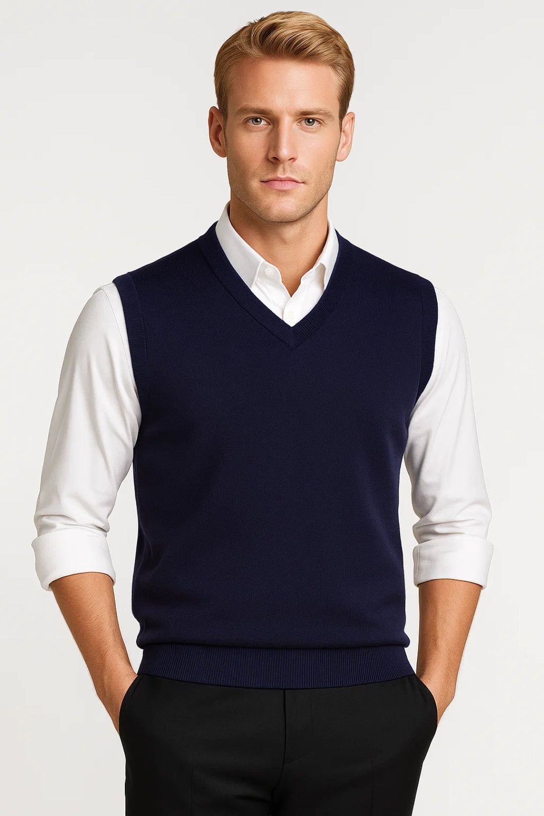 Navy blue men's V-neck sleeveless sweater vest