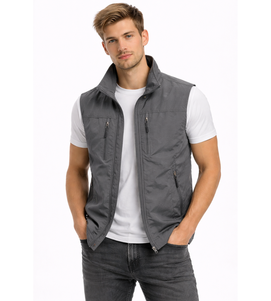 Men's zip bodywarmer with stand-up collar in Grey