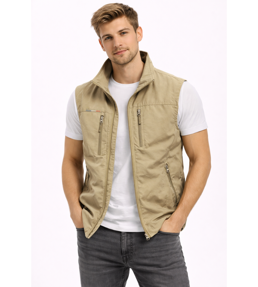 Men's zip bodywarmer with stand-up collar in Khaki
