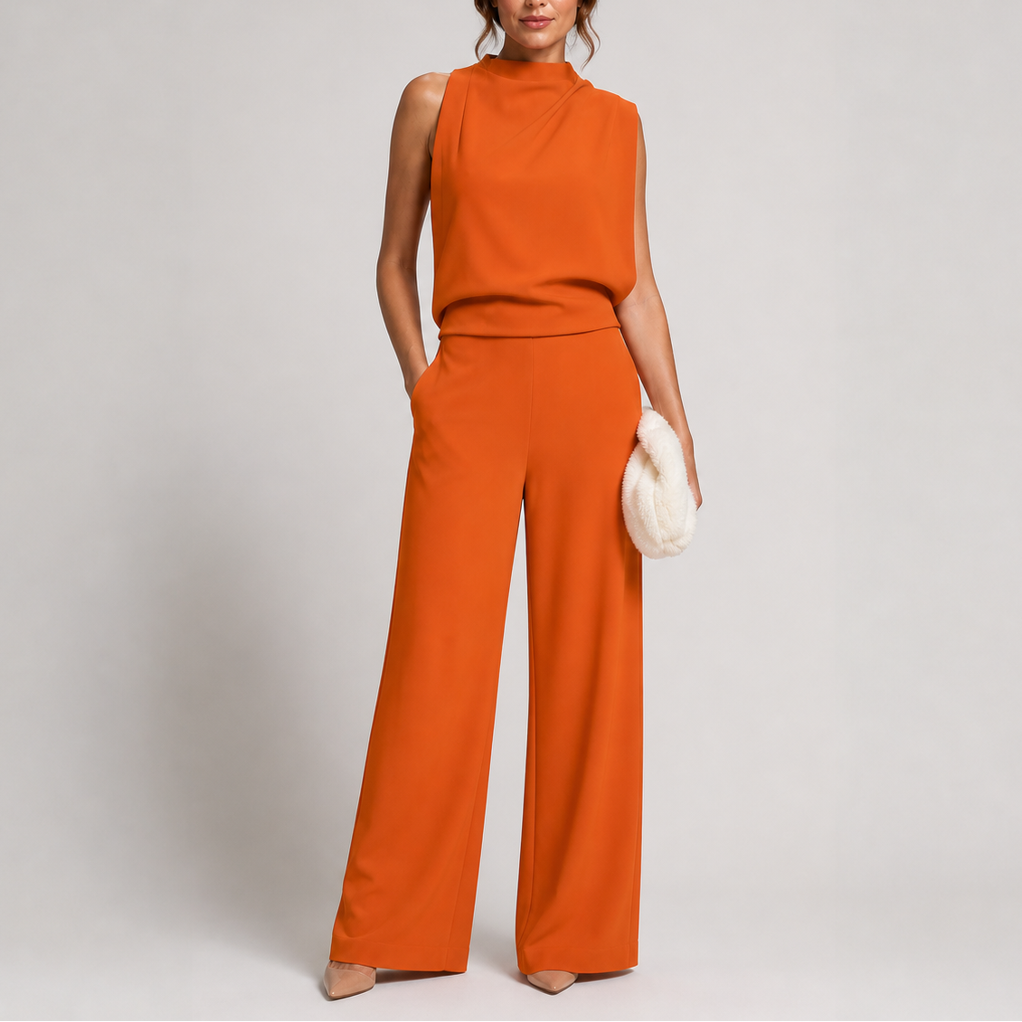 Orange sleeveless wide-leg jumpsuit
