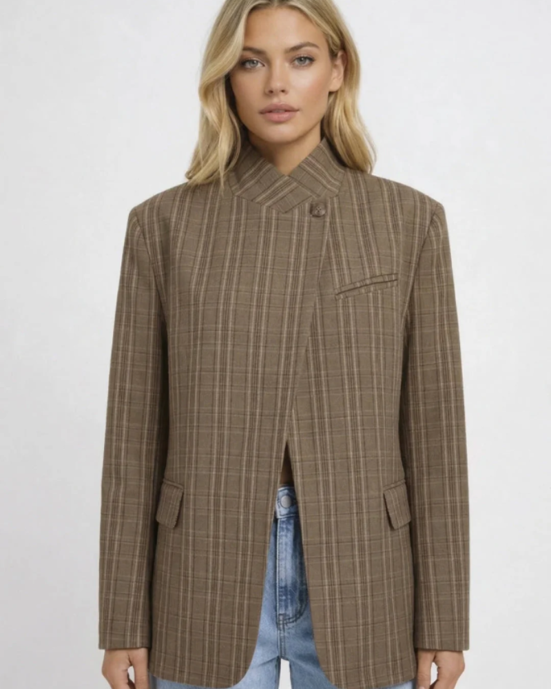 Oversized checked blazer asymmetric closure