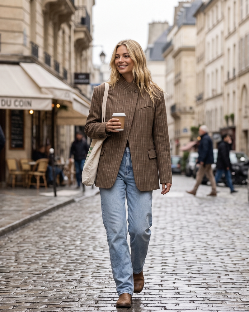 Oversized checked blazer with stand collar