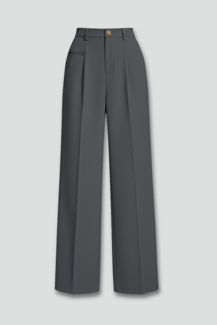 Women's wide-leg palazzo trousers with pleated front, worn by a model, front view