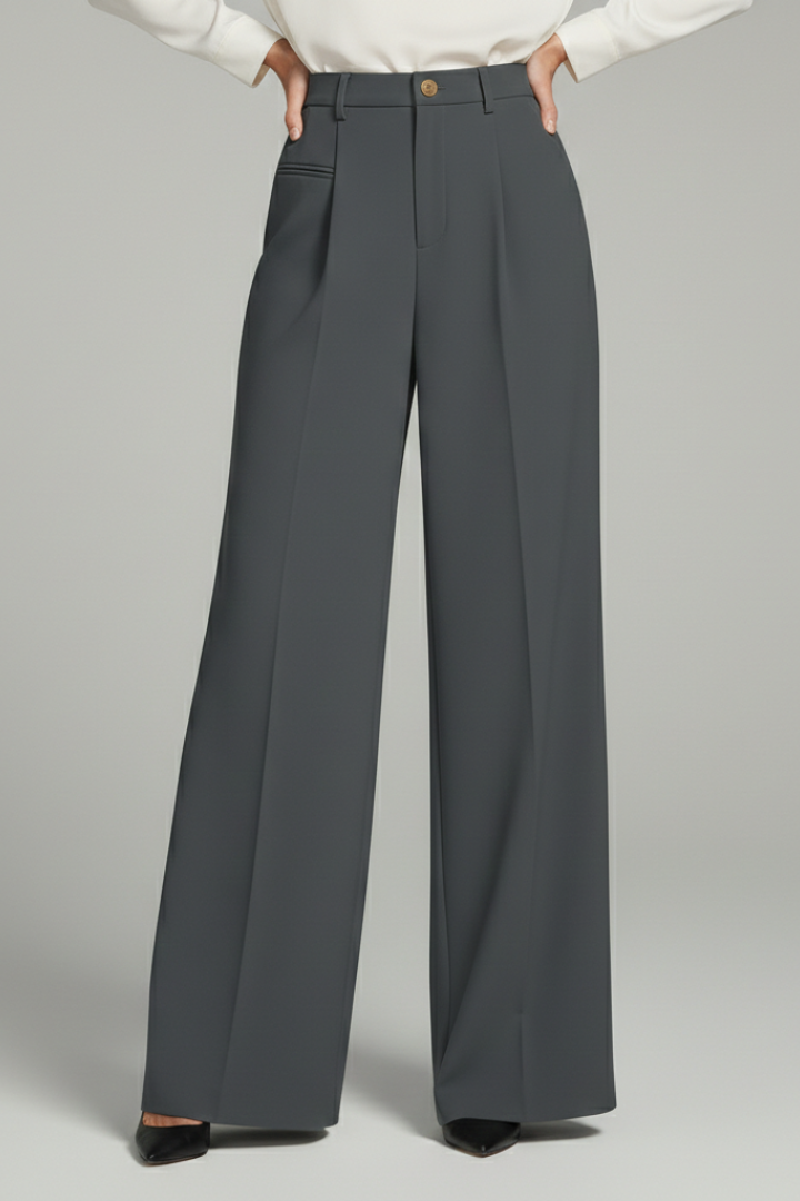 Palazzo trousers with front pleats and flowing wide legs shown on a model