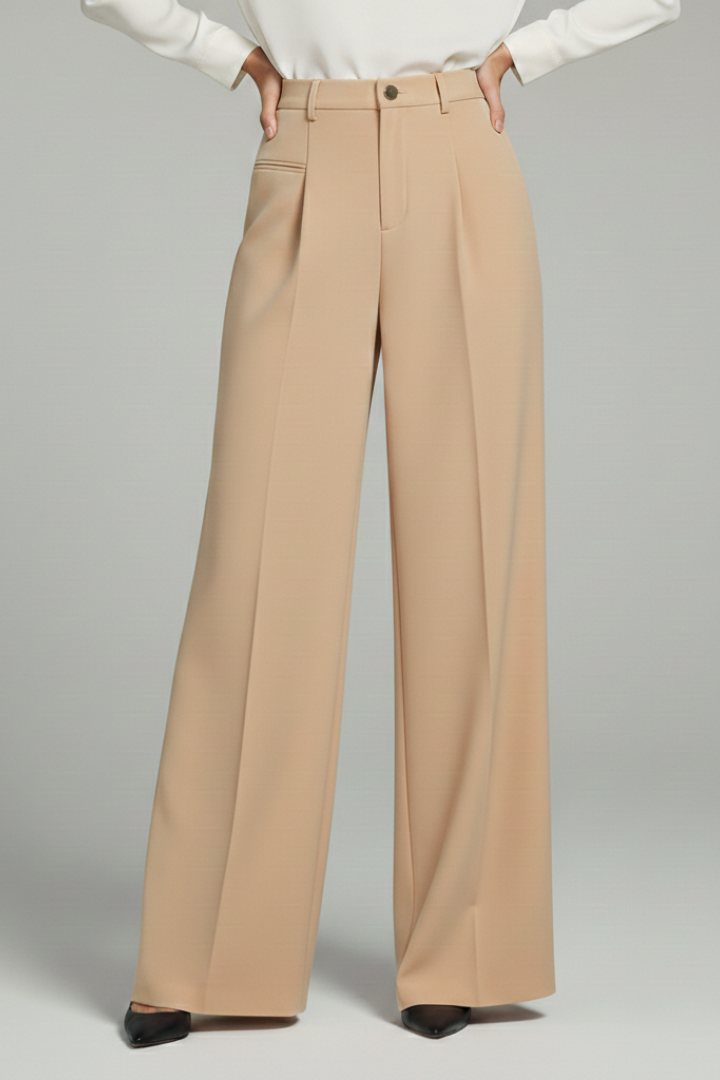 Pleated wide-leg palazzo trousers with relaxed drape on a model