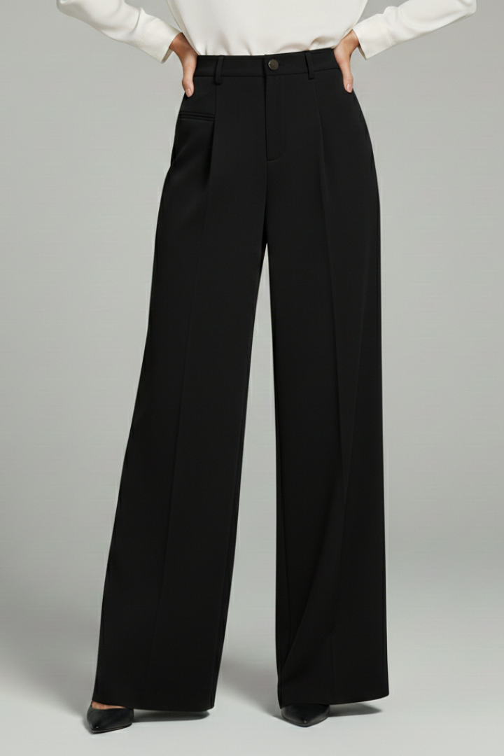 Model in palazzo trousers showing the wide-leg silhouette