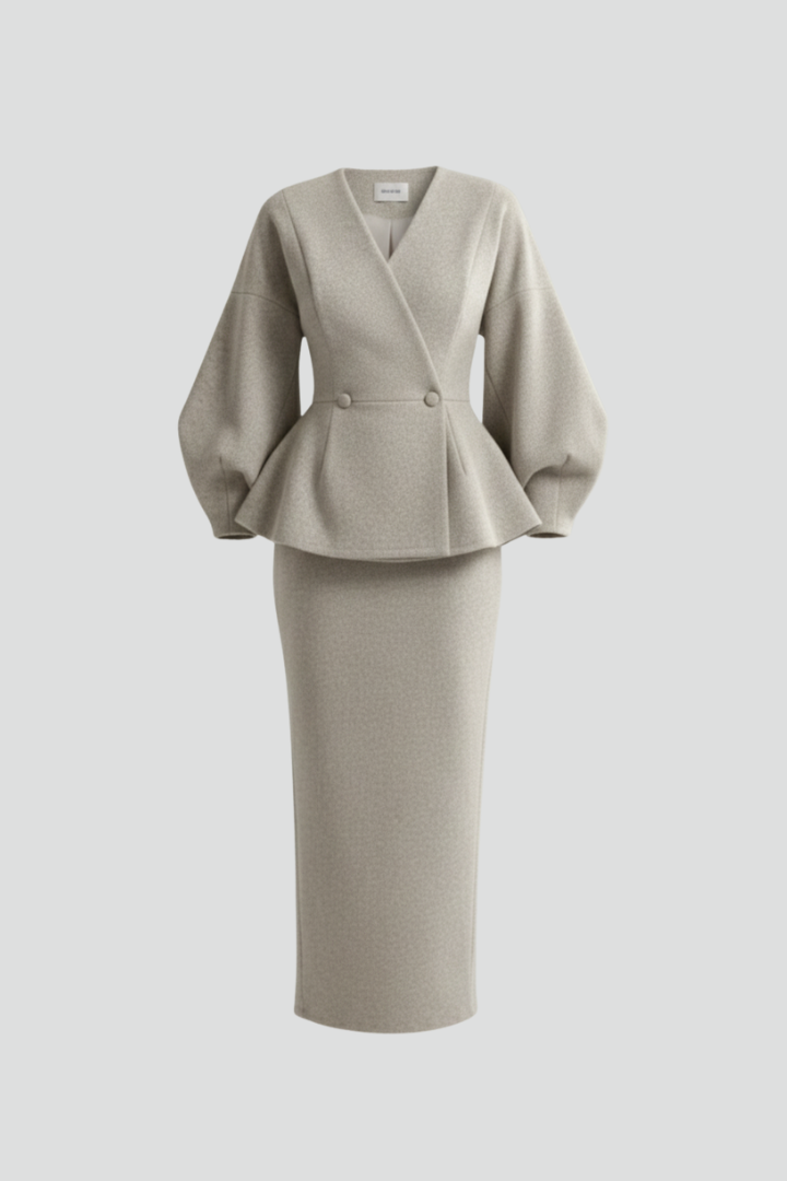 Peplum blazer and maxi skirt co-ord full-length view
