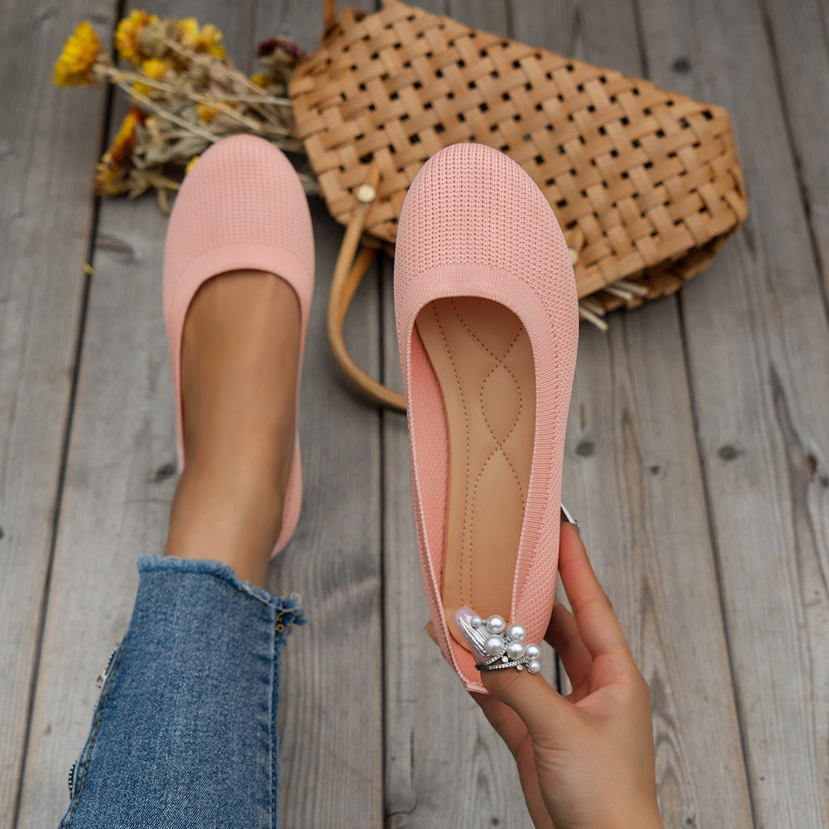 Pink knit slip-on ballet flats