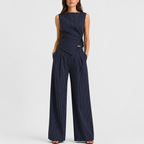 Navy pinstripe co-ord set with wrap top and wide-leg trousers, front view