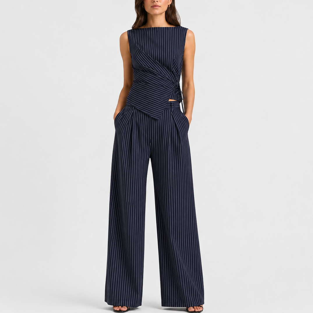Navy pinstripe co-ord set with wrap top and wide-leg trousers, front view