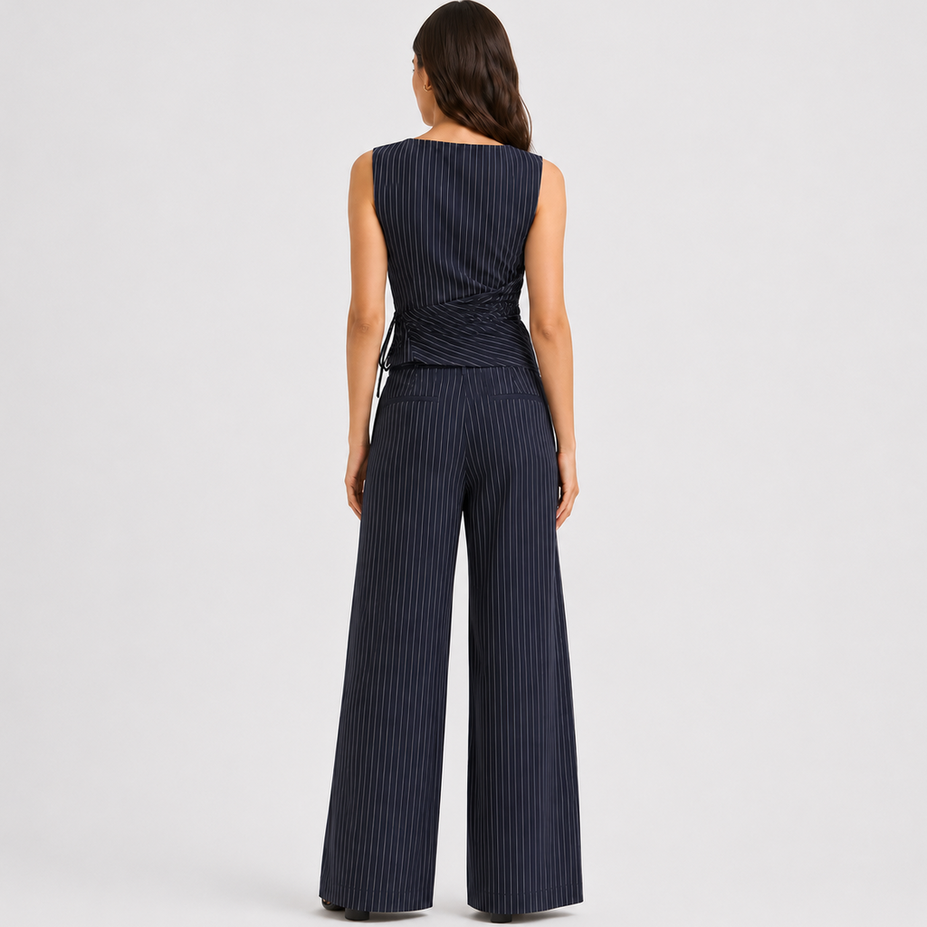 Pinstripe wrap top and wide-leg trousers co-ord set, alternate view