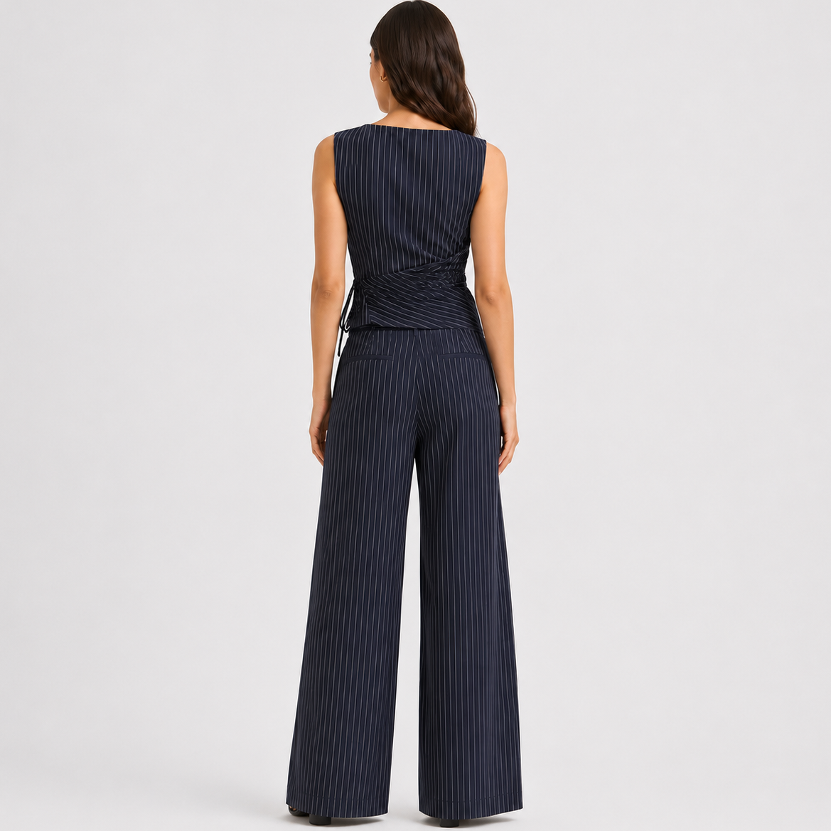 Pinstripe wrap top and wide-leg trousers co-ord set, alternate view