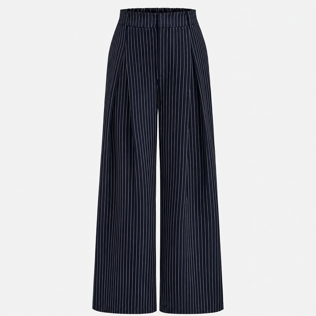Close-up of pinstripe wrap top with boat neckline and side tie
