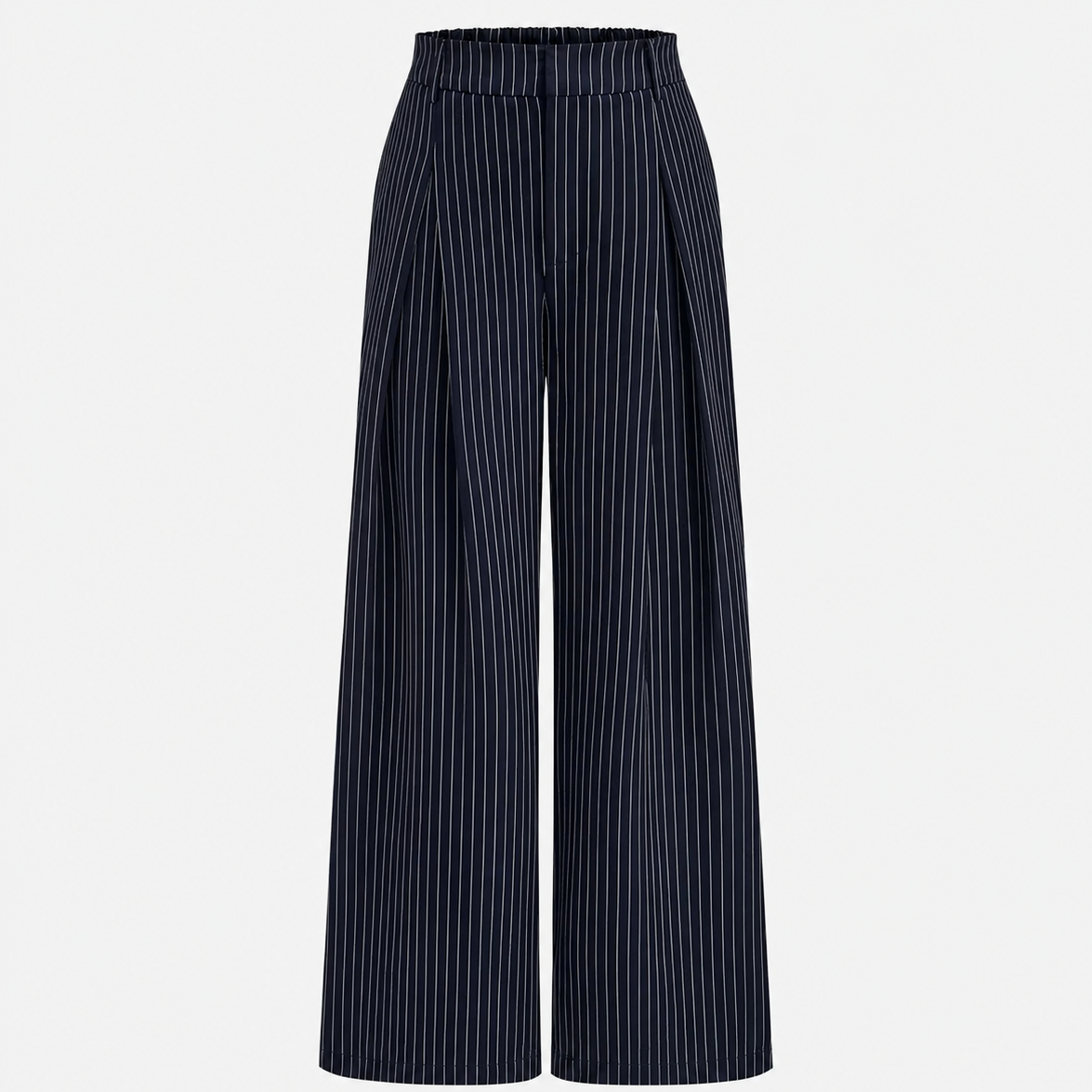 Close-up of pinstripe wrap top with boat neckline and side tie