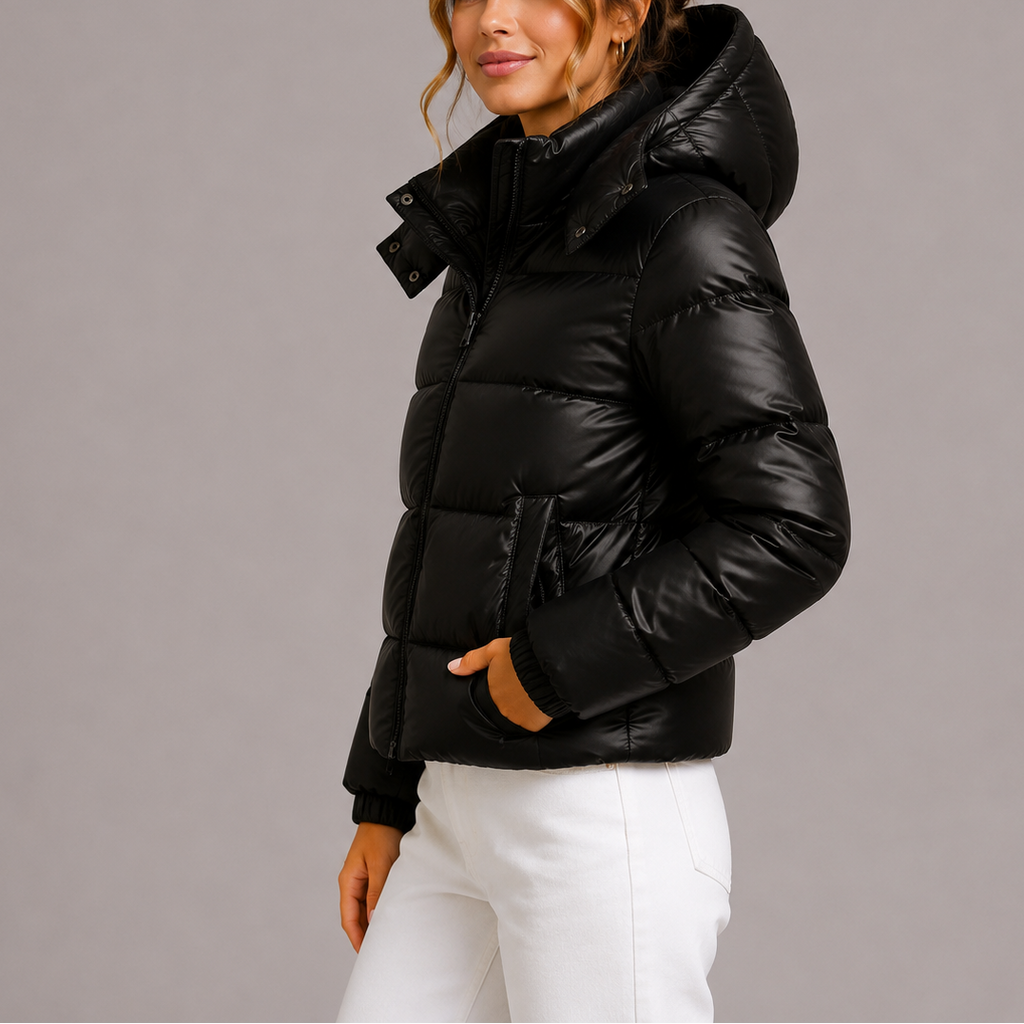 Detail of a glossy quilted puffer jacket with full zip