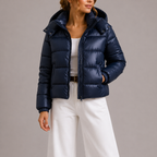 Quilted hooded puffer jacket shown on a model