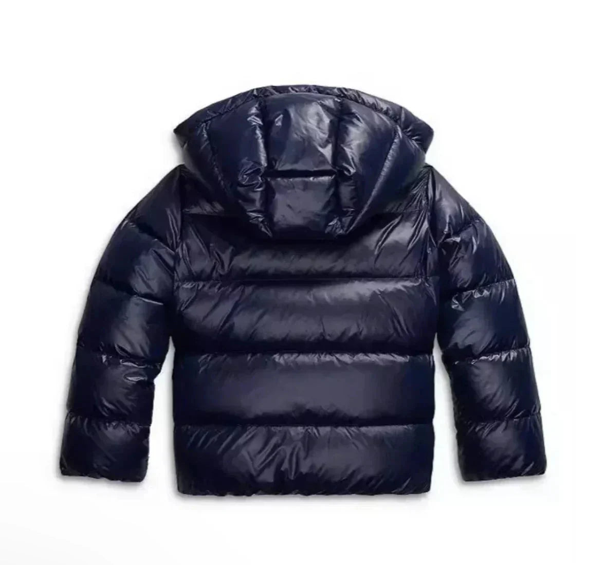 Side view of a quilted hooded puffer jacket