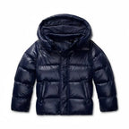 Lightweight hooded puffer jacket styled with jeans