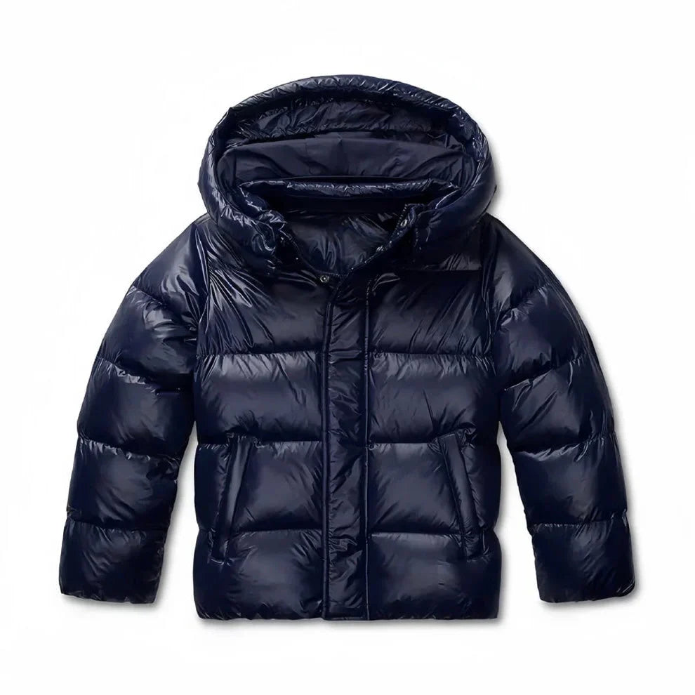 Lightweight hooded puffer jacket styled with jeans