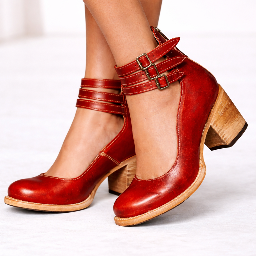 Red heeled ankle-strap sandals