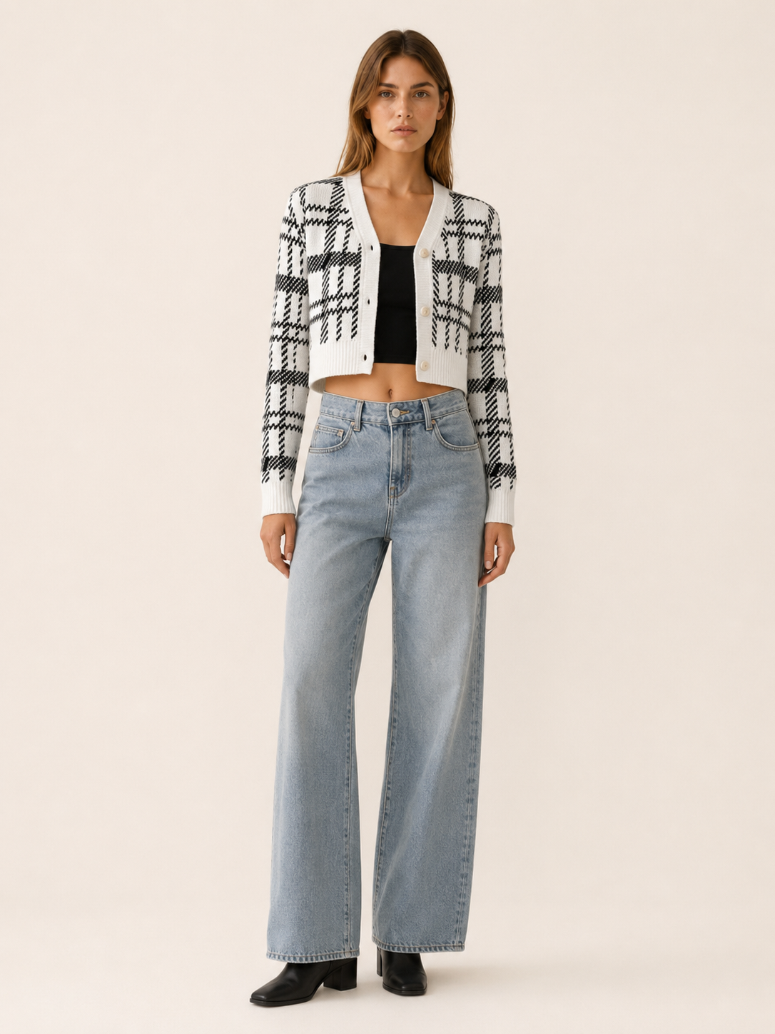 Cropped Check Cardigan with V-Neck - Black