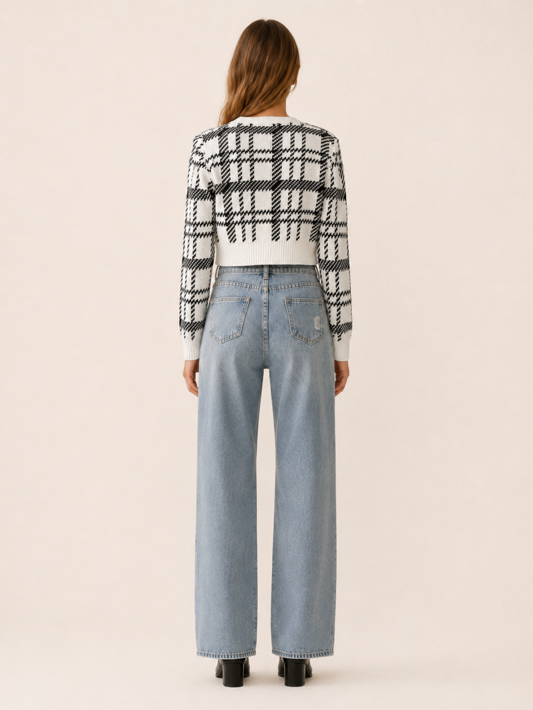Cropped Check Cardigan with V-Neck
