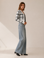 Cropped Check Cardigan with V-Neck