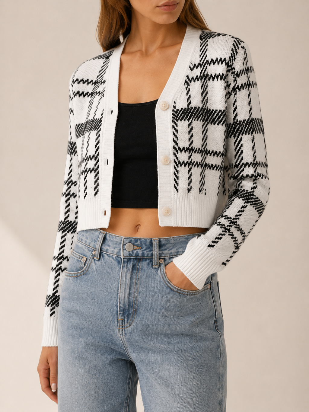Cropped Check Cardigan with V-Neck