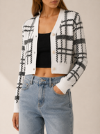 Cropped Check Cardigan with V-Neck