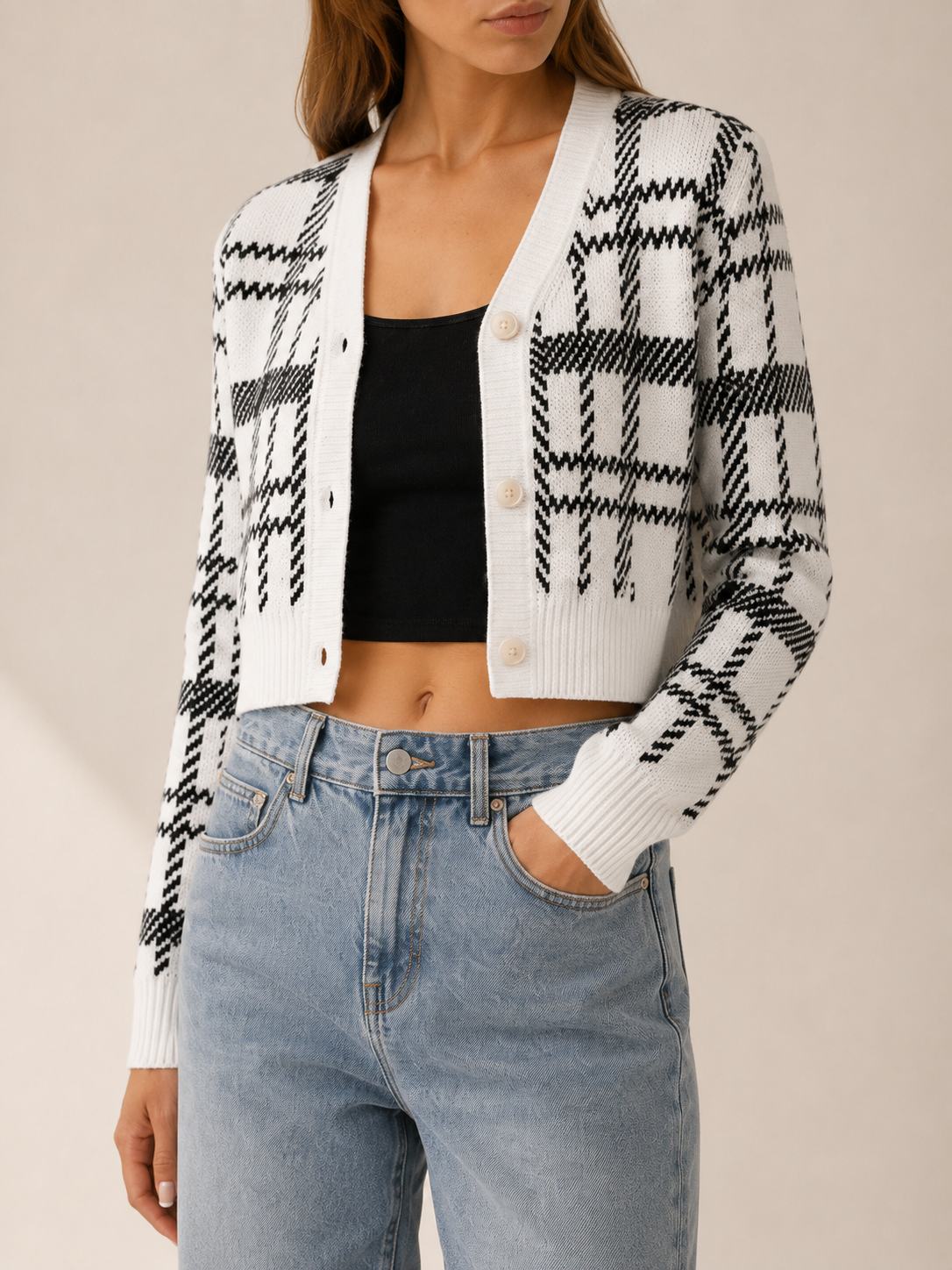 Cropped Check Cardigan with V-Neck