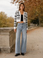 Cropped Check Cardigan with V-Neck