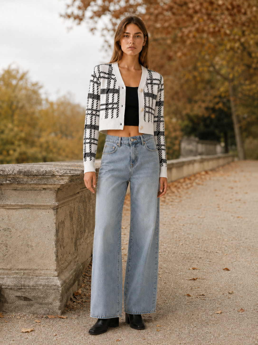 Cropped Check Cardigan with V-Neck