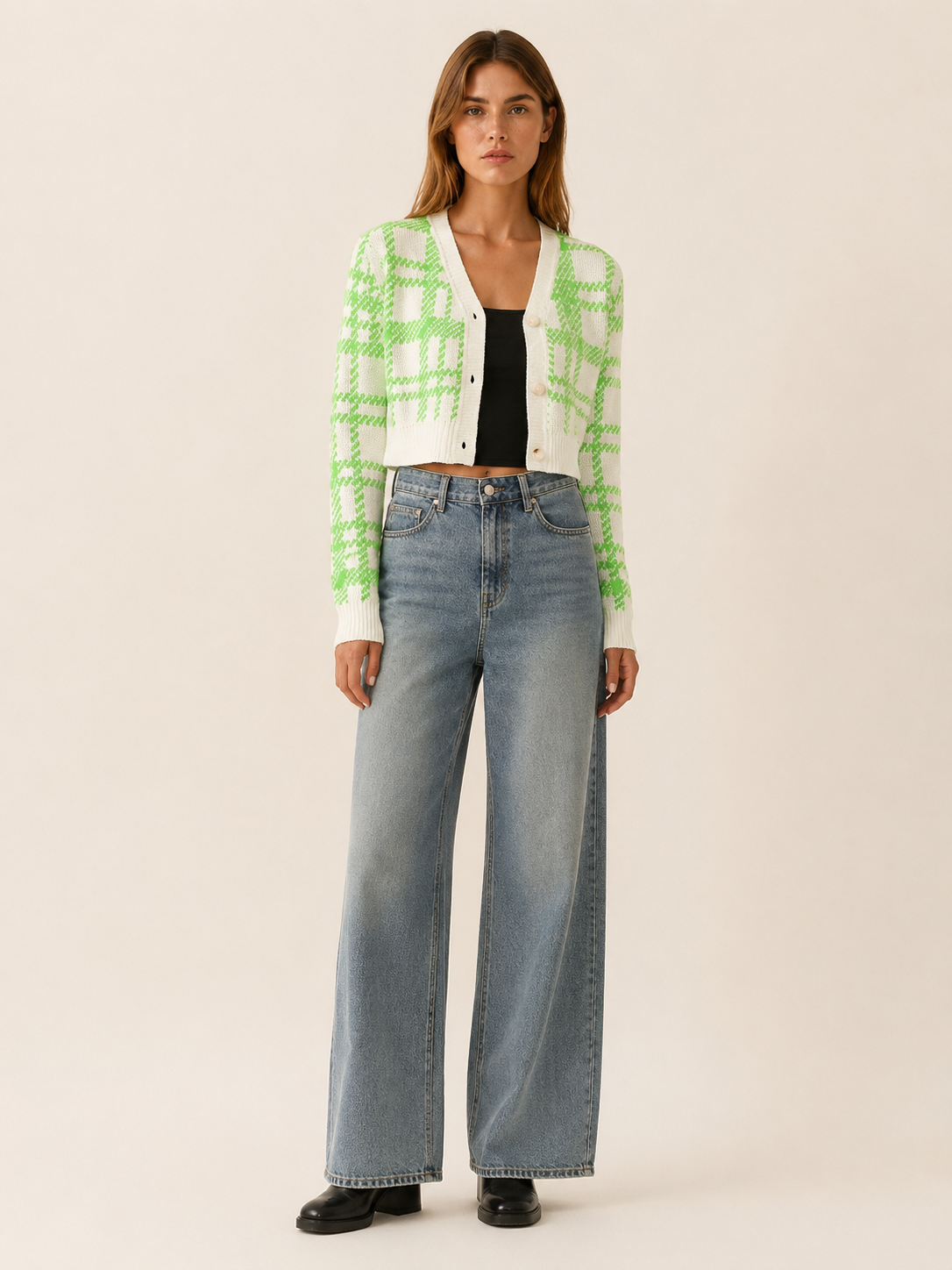 Cropped Check Cardigan with V-Neck - Green