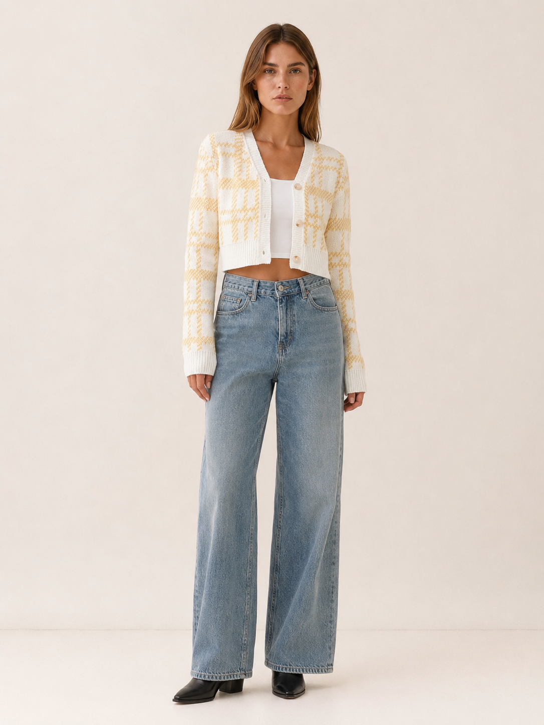 Cropped Check Cardigan with V-Neck - Yellow