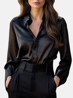 Satin button-down blouse, front view