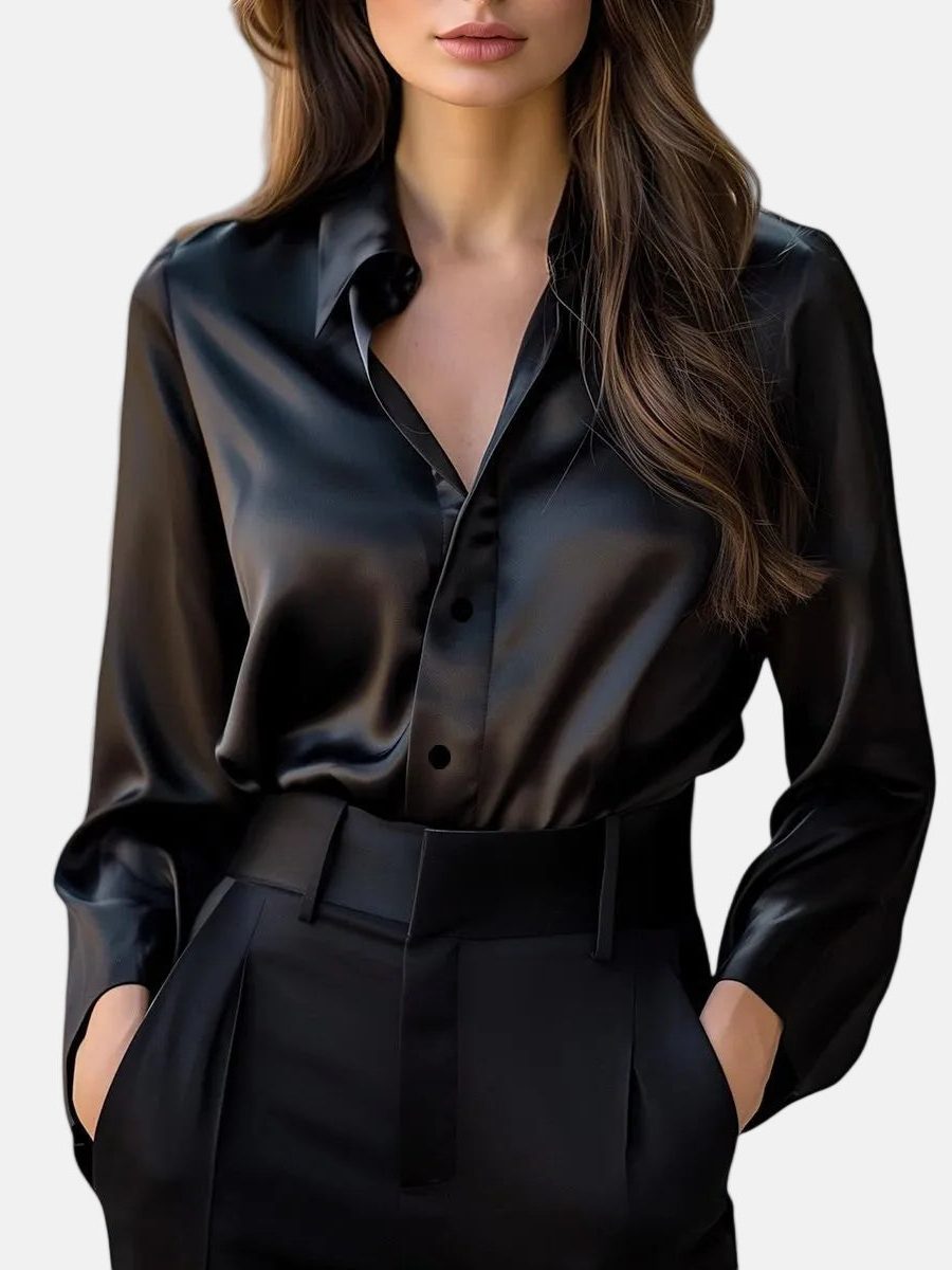 Satin button-down blouse, front view