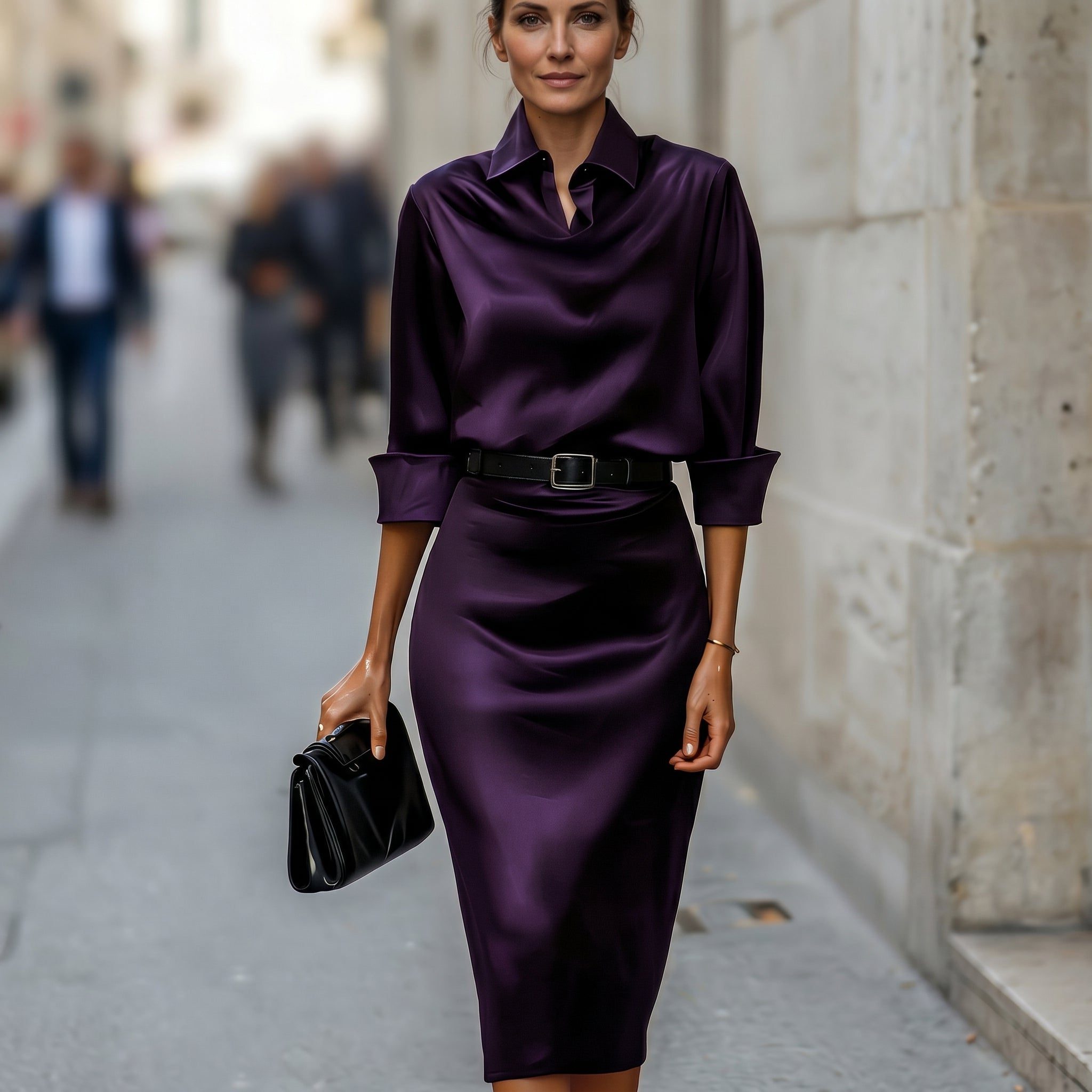 Satin cowl neck midi dress back view