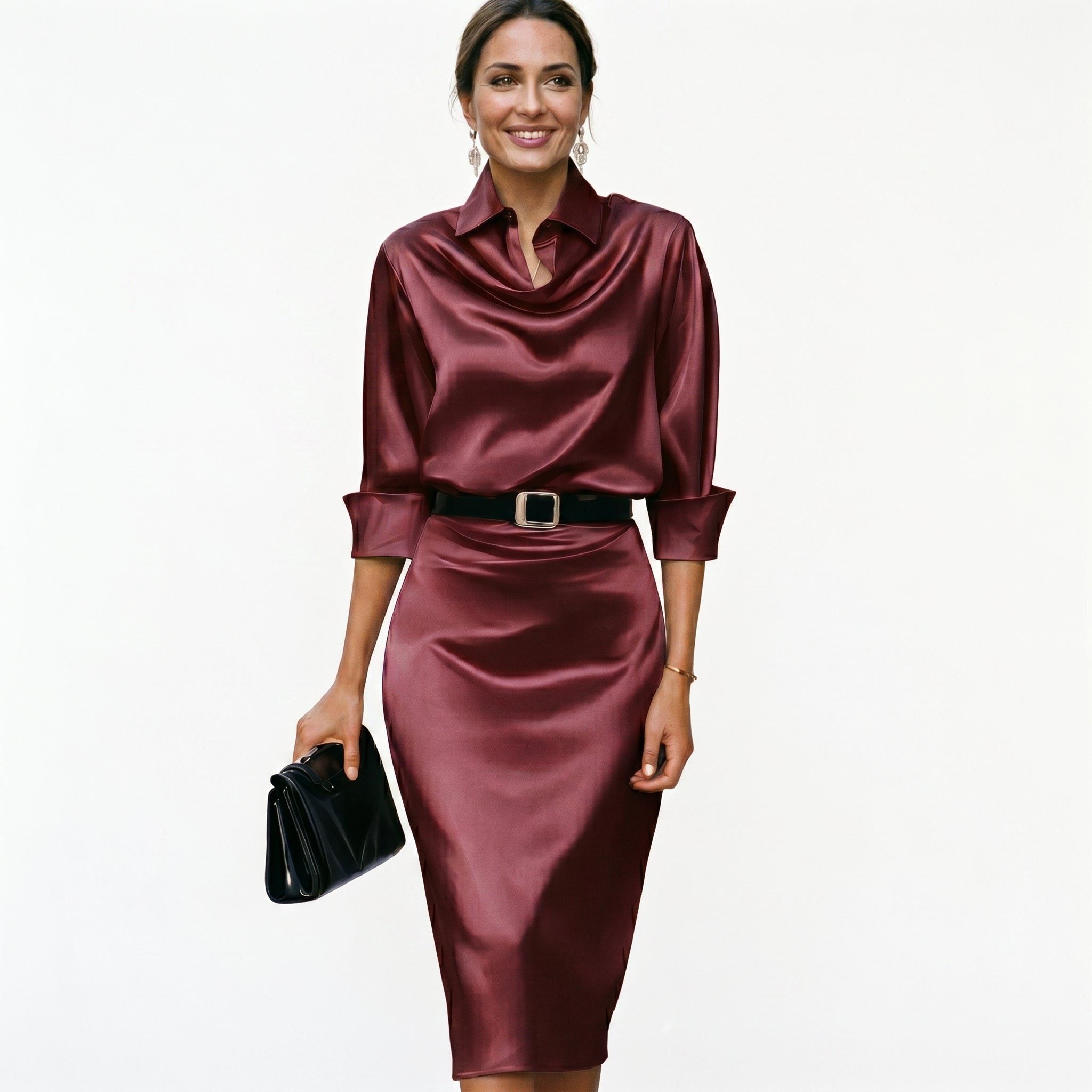 Satin midi dress with cowl neck and waist belt