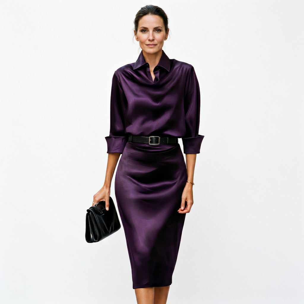 Cowl neck detail of satin midi dress