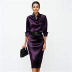 Cowl neck detail of satin midi dress