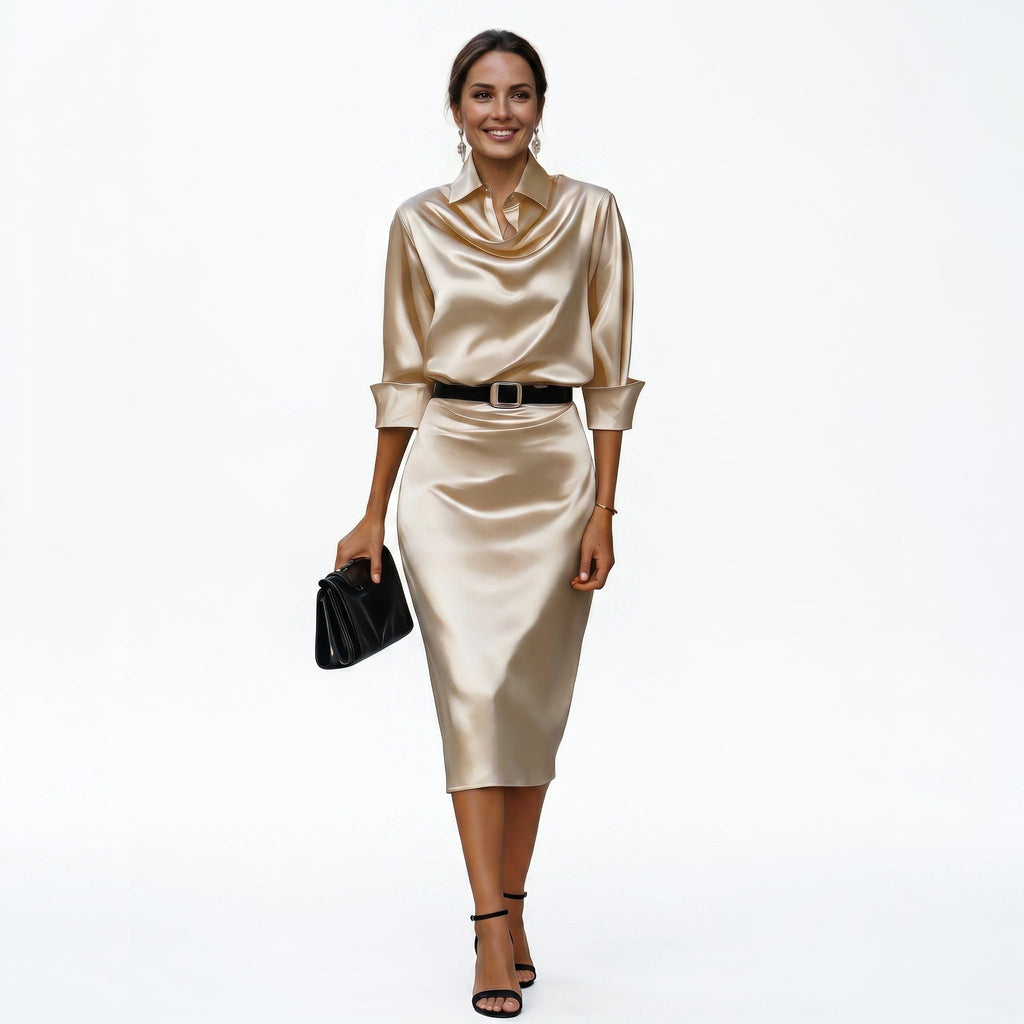 Satin midi dress with structured square buckle belt