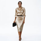 Satin midi dress with structured square buckle belt