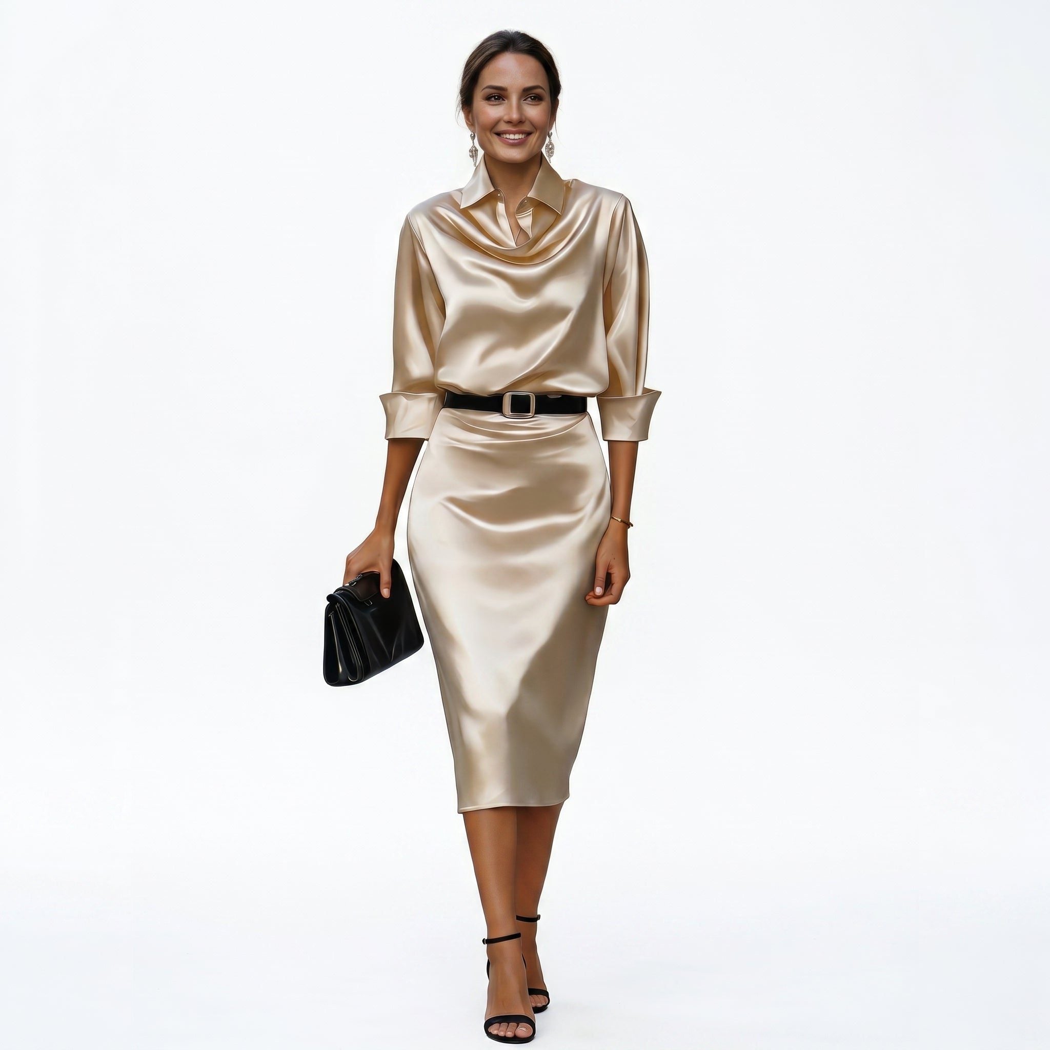 Satin midi dress with structured square buckle belt