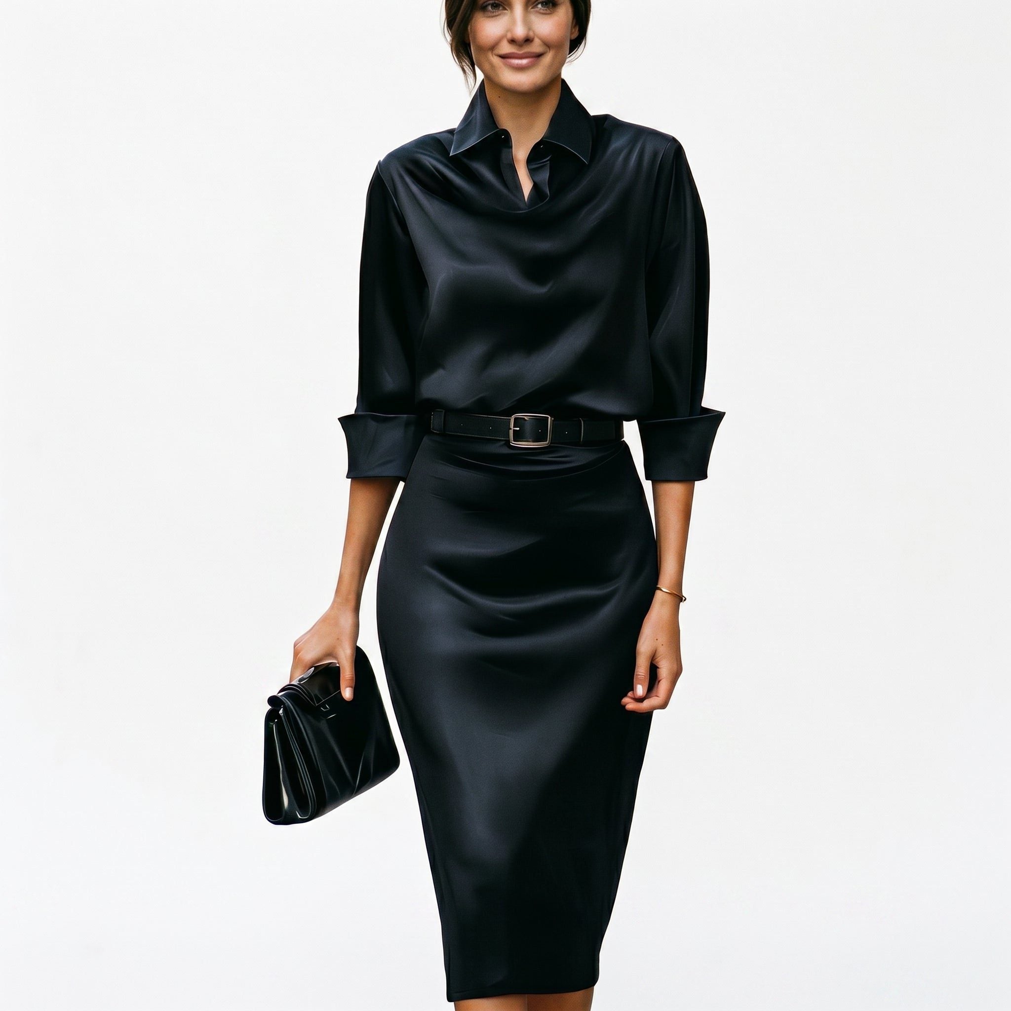 Satin midi dress with three-quarter sleeves