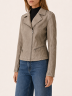 Khaki faux-leather studded-shoulder biker jacket – view 4