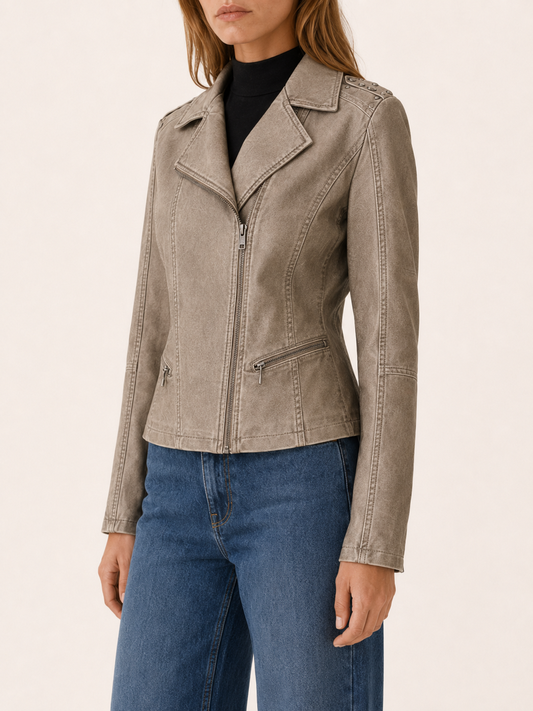 Khaki faux-leather studded-shoulder biker jacket – view 4