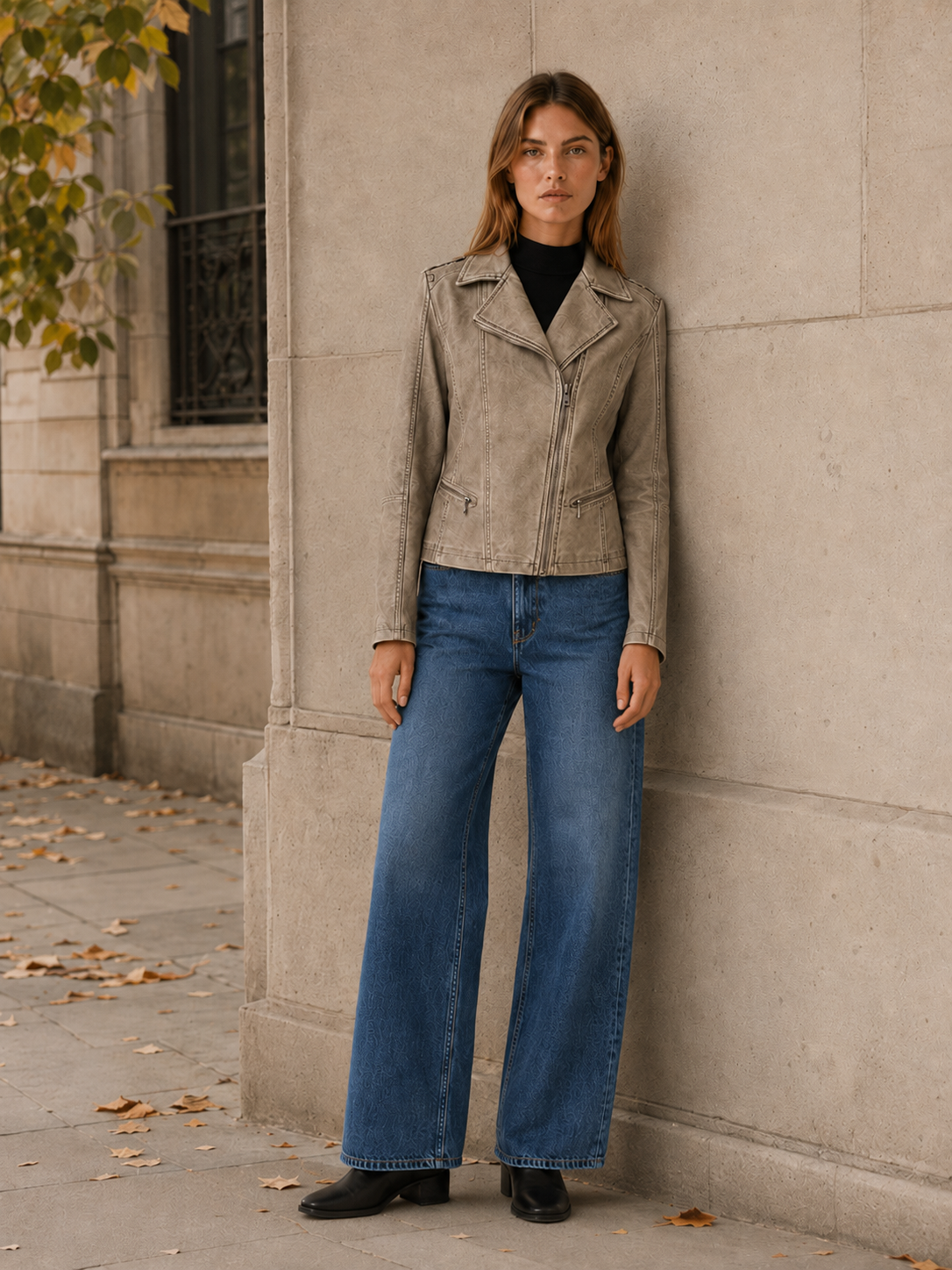 Khaki faux-leather biker jacket with asymmetric zip – view 5