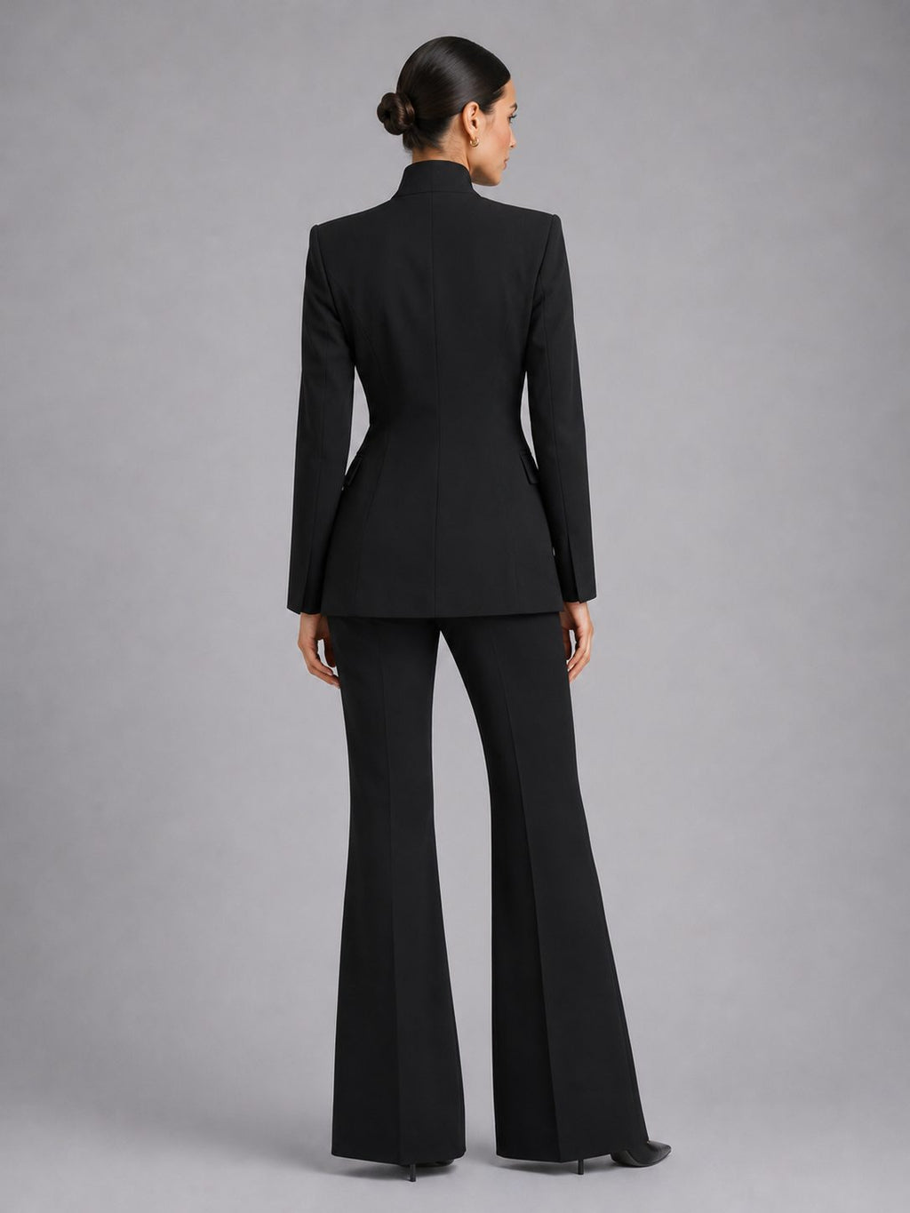Black single-breasted blazer and flared trouser set, styled view