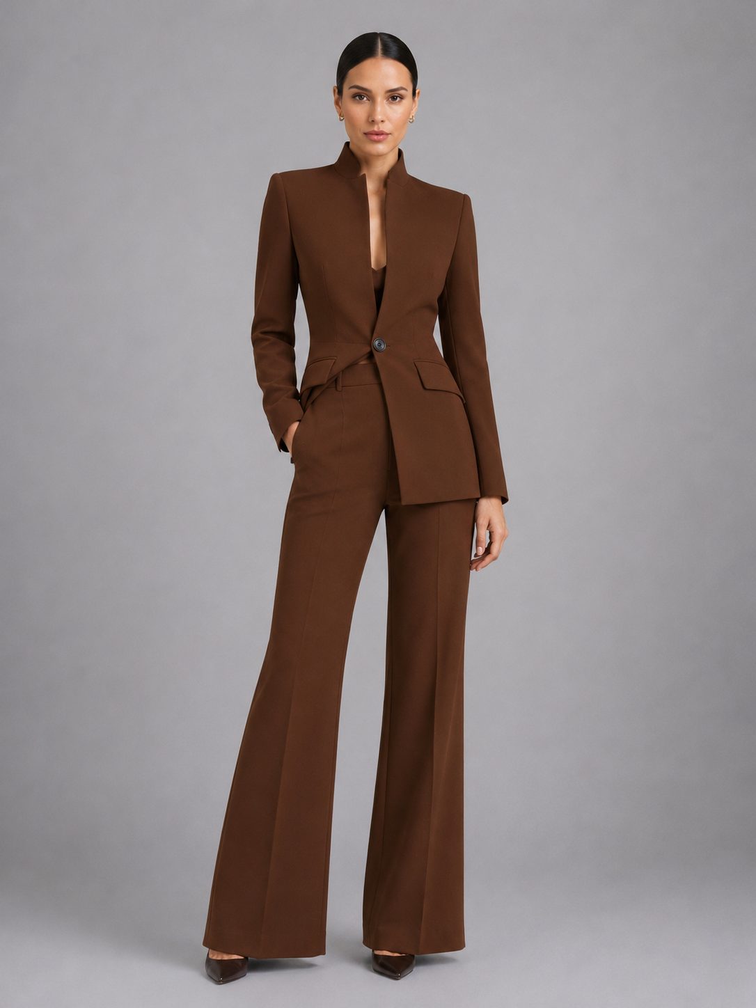 Brown single-breasted blazer and flared trouser set