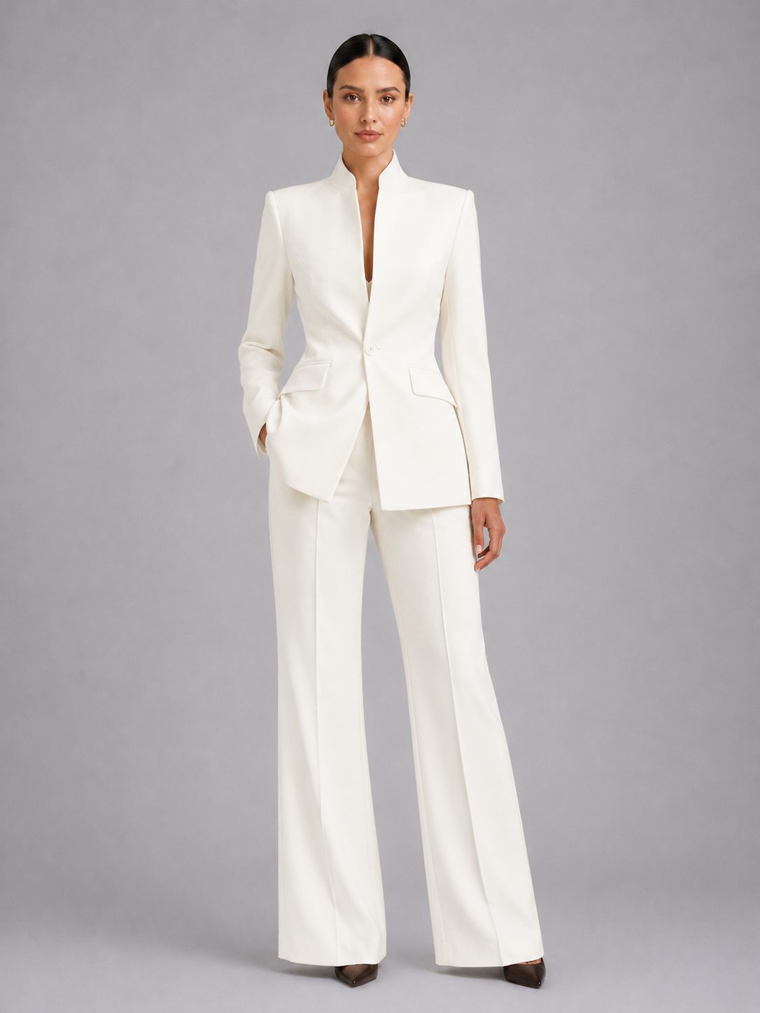 Cream single-breasted blazer and flared trouser set
